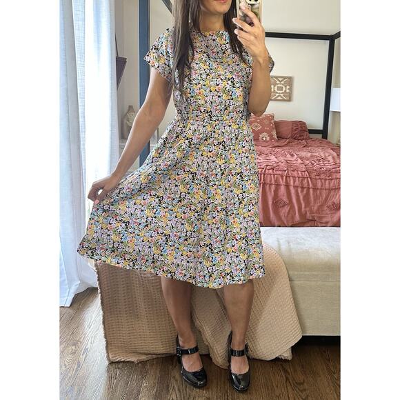 60’s Expertly Handmade Black Floral Handmade Dress Pockets Elastic Waist - Picture 3 of 8